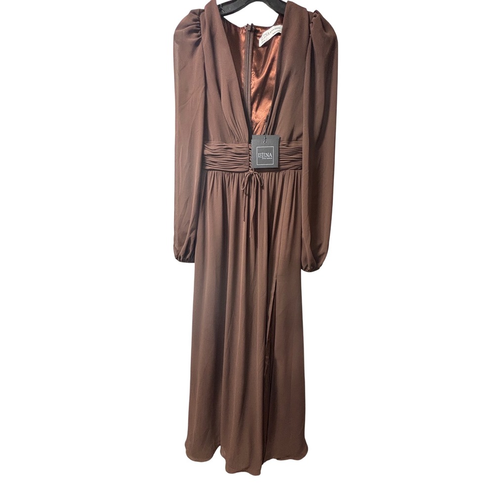 Ieena for‎ Mac Duggal NEW Deep V Long Sleeve Maxi Dress 55871 Brown Size 2